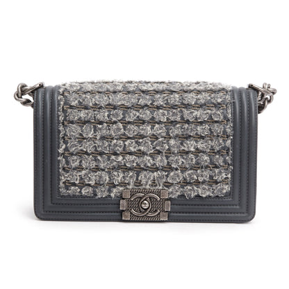 Chanel Grey Calfskin Leather Braided Tweed Old Medium Boy Bag