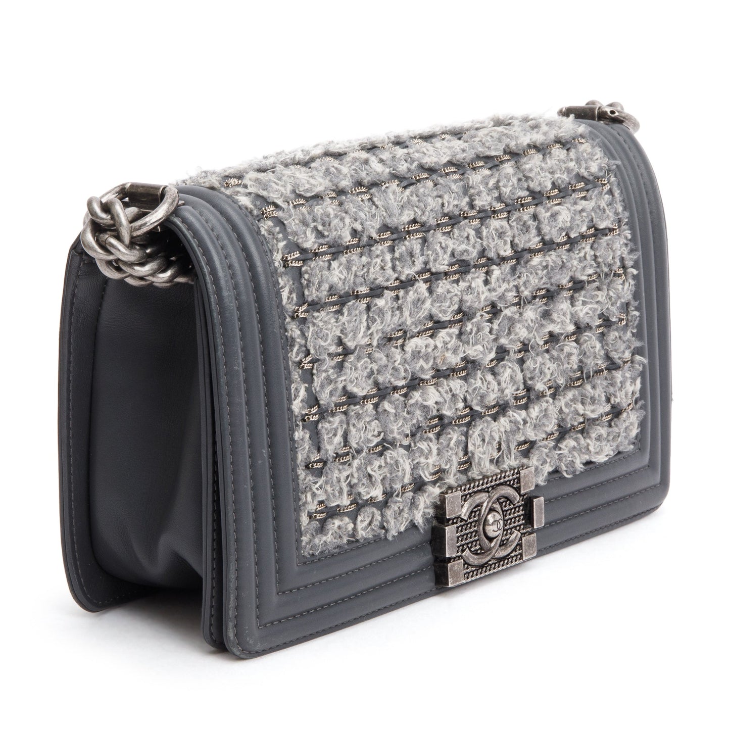 Chanel Grey Calfskin Leather Braided Tweed Old Medium Boy Bag