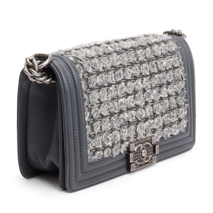 Chanel Grey Calfskin Leather Braided Tweed Old Medium Boy Bag