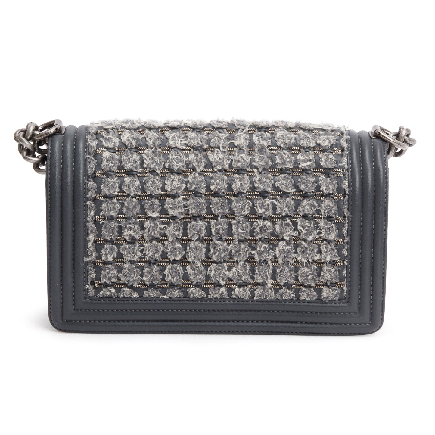 Chanel Grey Calfskin Leather Braided Tweed Old Medium Boy Bag