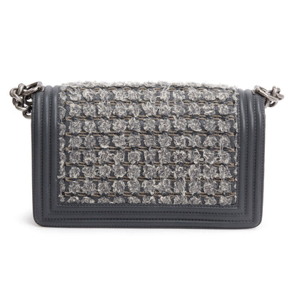 Chanel Grey Calfskin Leather Braided Tweed Old Medium Boy Bag