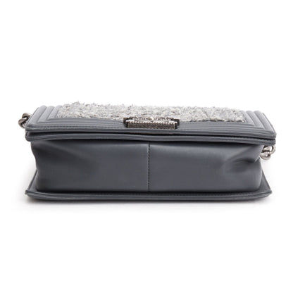 Chanel Grey Calfskin Leather Braided Tweed Old Medium Boy Bag