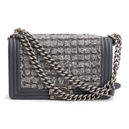 Chanel Grey Calfskin Leather Braided Tweed Old Medium Boy Bag
