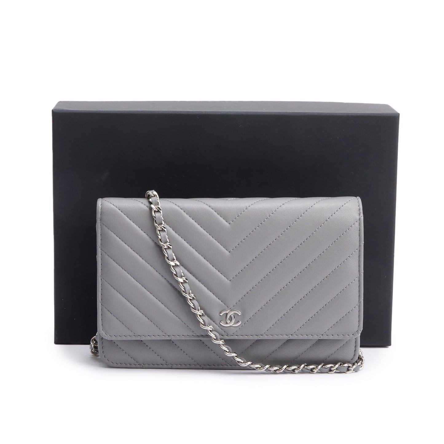 Chanel Grey Chevron Lambskin Leather Classic Wallet on Chain