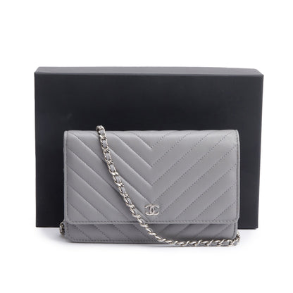 Chanel Grey Chevron Lambskin Leather Classic Wallet on Chain