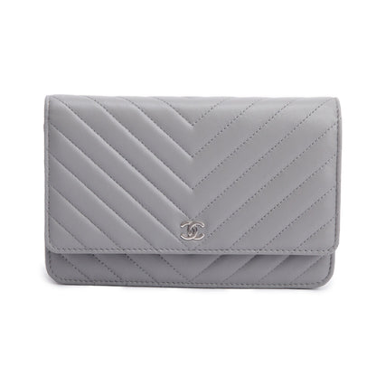 Chanel Grey Chevron Lambskin Leather Classic Wallet on Chain