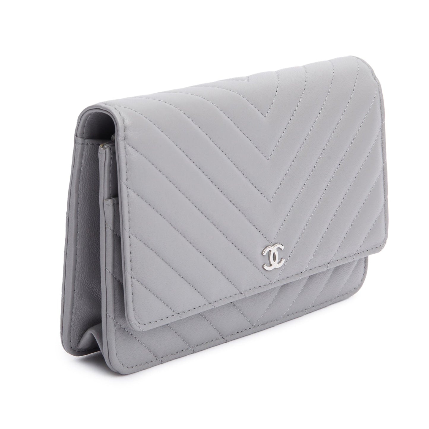 Chanel Grey Chevron Lambskin Leather Classic Wallet on Chain