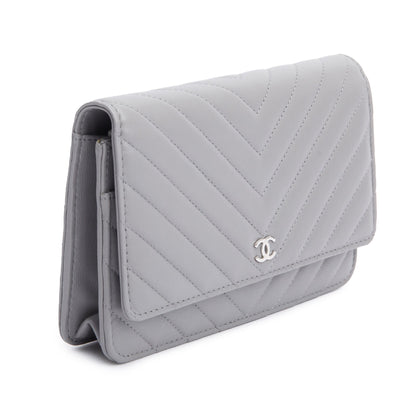 Chanel Grey Chevron Lambskin Leather Classic Wallet on Chain