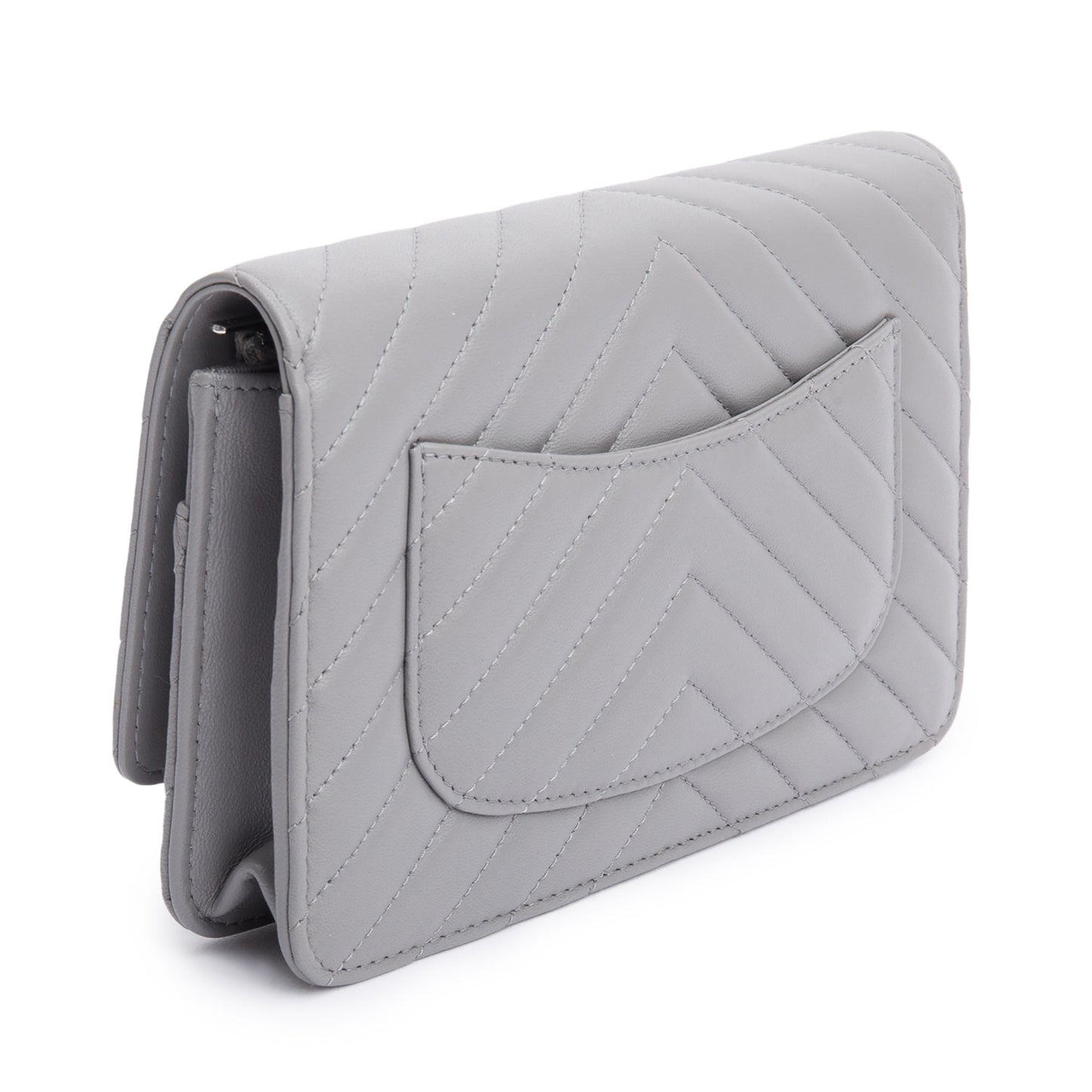 Chanel Grey Chevron Lambskin Leather Classic Wallet on Chain
