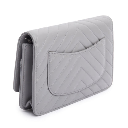 Chanel Grey Chevron Lambskin Leather Classic Wallet on Chain