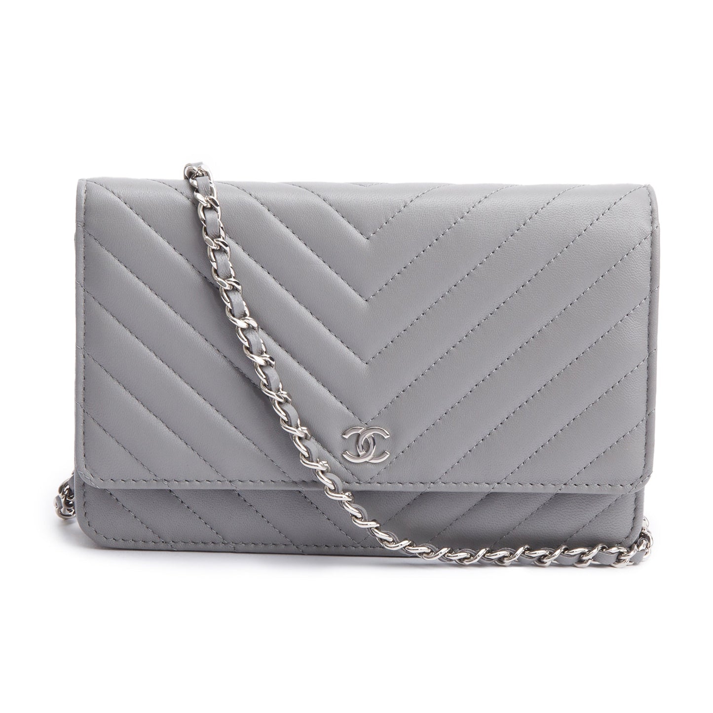 Chanel Grey Chevron Lambskin Leather Classic Wallet on Chain