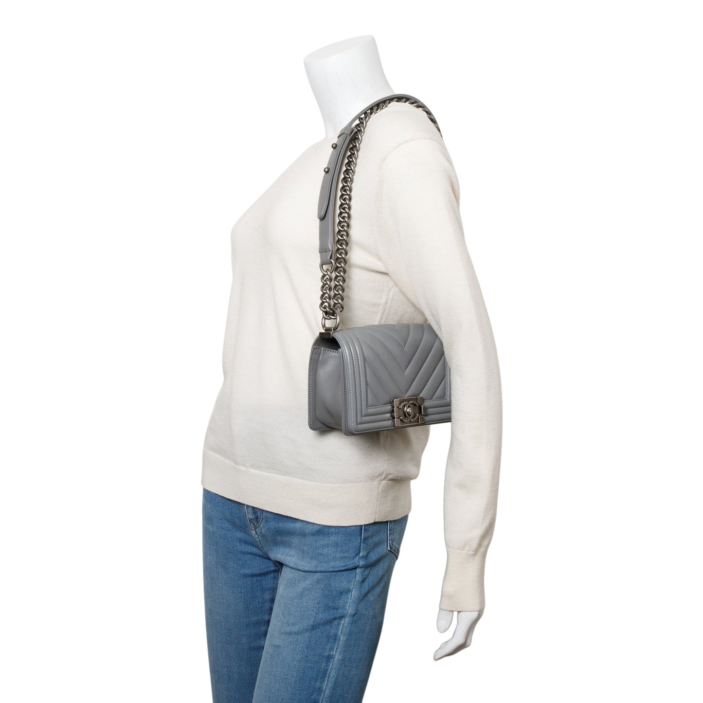 Chanel Grey Chevron Quilted Calfskin Leather Small Boy Bag