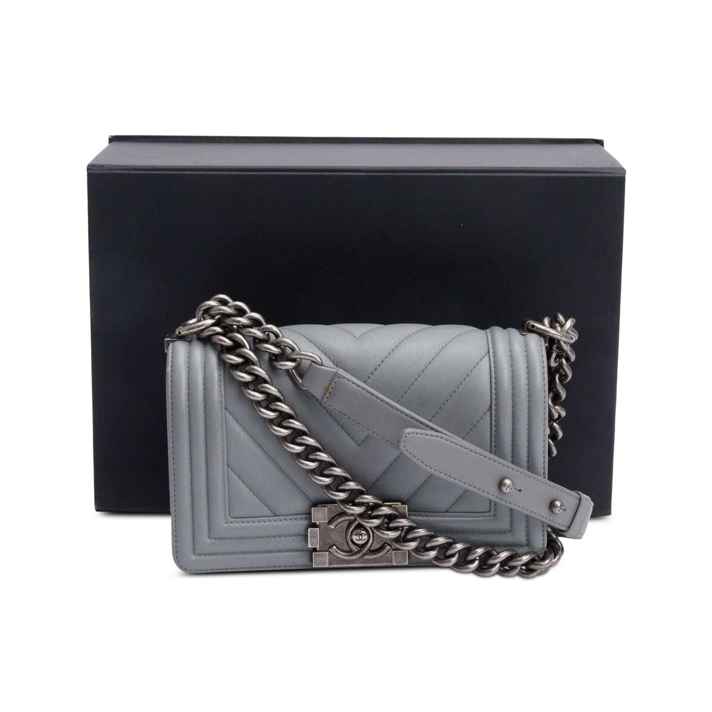 Chanel Grey Chevron Quilted Calfskin Leather Small Boy Bag