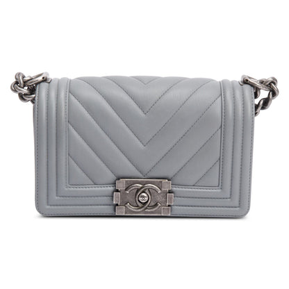 Chanel Grey Chevron Quilted Calfskin Leather Small Boy Bag