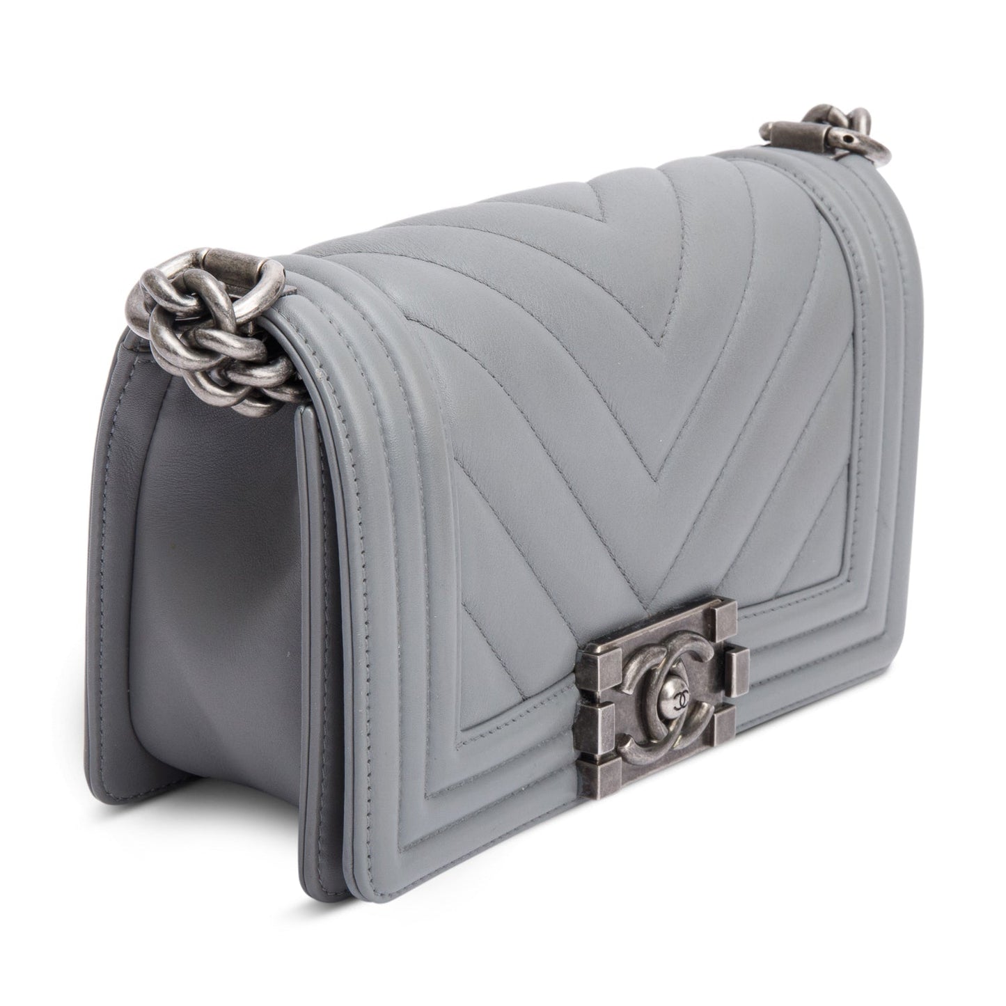 Chanel Grey Chevron Quilted Calfskin Leather Small Boy Bag