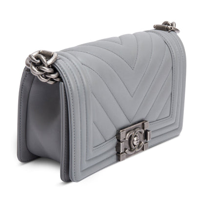 Chanel Grey Chevron Quilted Calfskin Leather Small Boy Bag