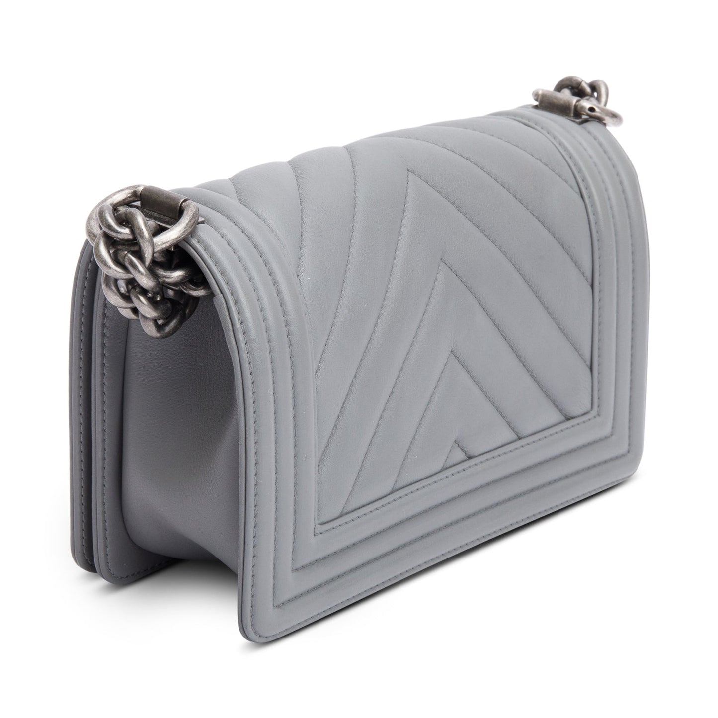 Chanel Grey Chevron Quilted Calfskin Leather Small Boy Bag