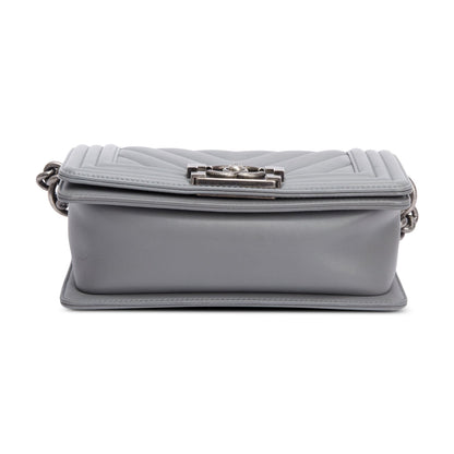 Chanel Grey Chevron Quilted Calfskin Leather Small Boy Bag
