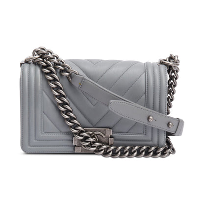 Chanel Grey Chevron Quilted Calfskin Leather Small Boy Bag