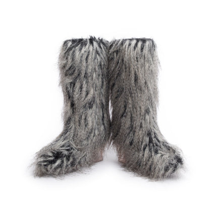 Chanel Grey Fantasy Fau Fur Icicle Heel Mukluks Boots, Size 38