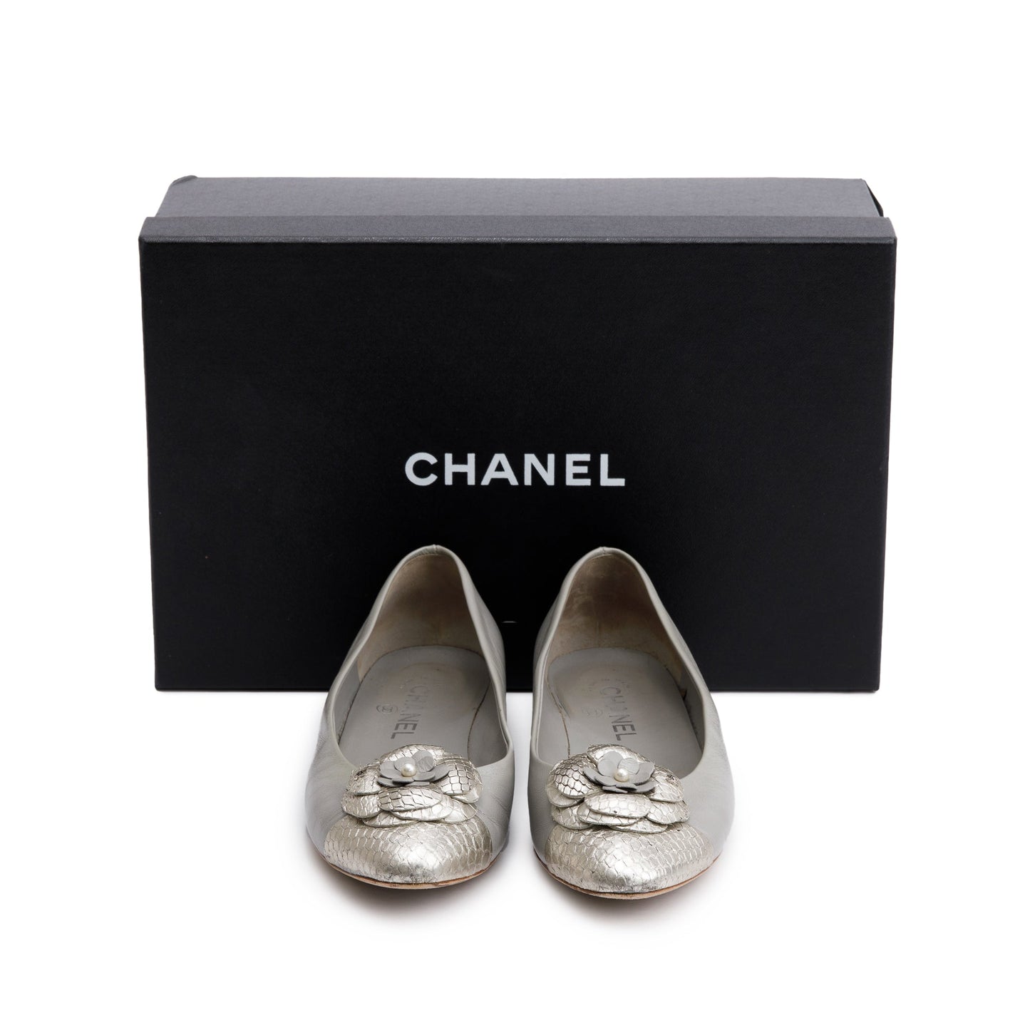 Chanel Grey Leather Silver Python Trim CC Camellia Flats, Size 38