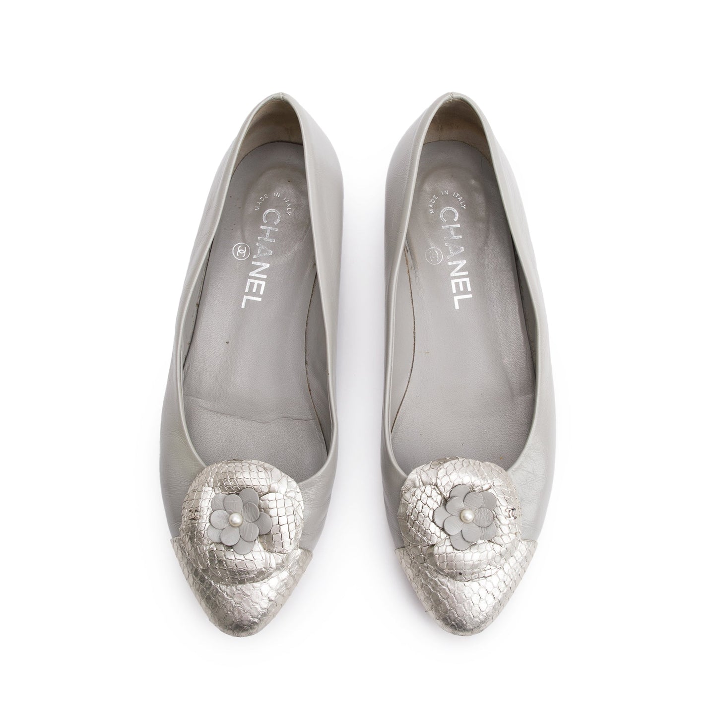 Chanel Grey Leather Silver Python Trim CC Camellia Flats, Size 38