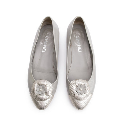 Chanel Grey Leather Silver Python Trim CC Camellia Flats, Size 38