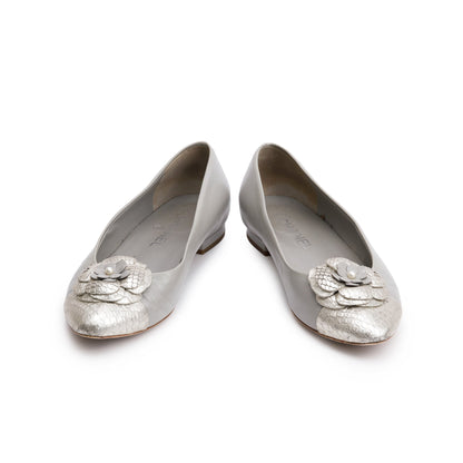 Chanel Grey Leather Silver Python Trim CC Camellia Flats, Size 38