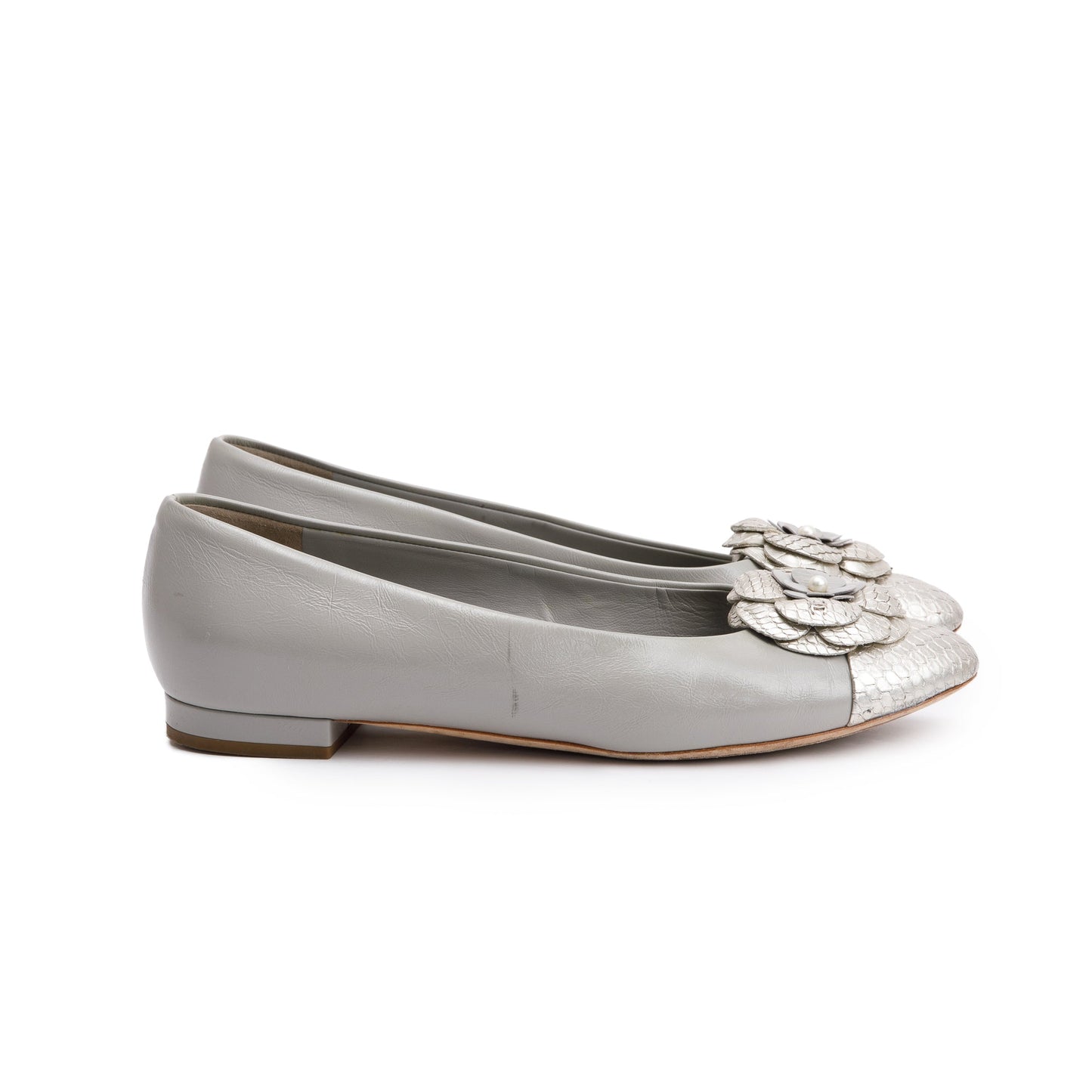 Chanel Grey Leather Silver Python Trim CC Camellia Flats, Size 38