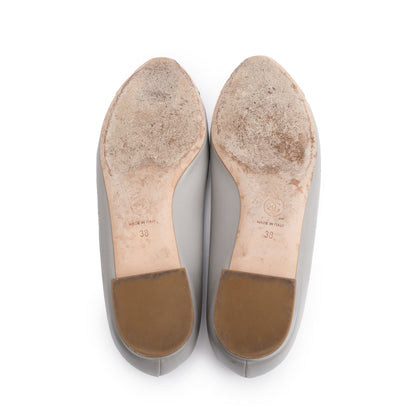 Chanel Grey Leather Silver Python Trim CC Camellia Flats, Size 38