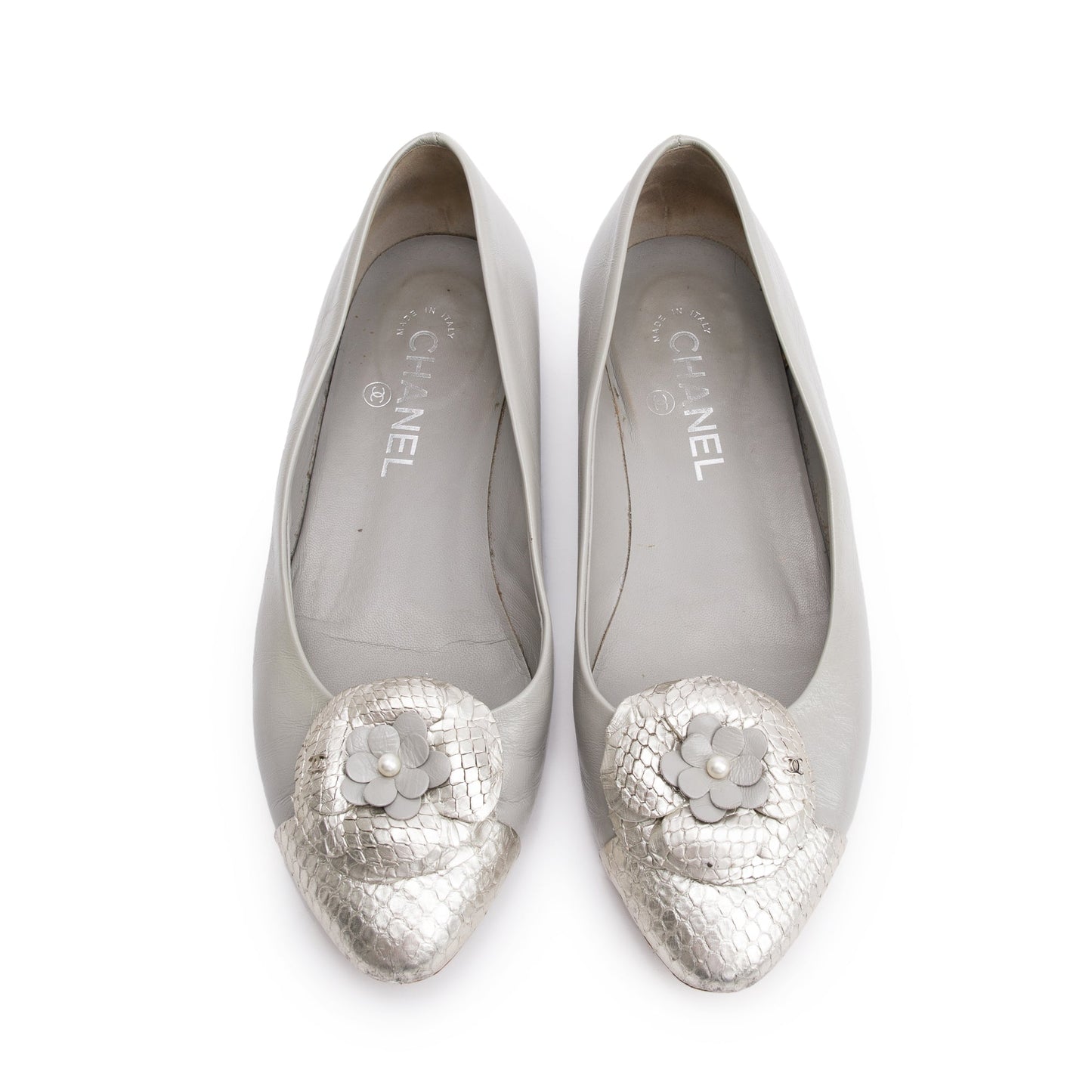 Chanel Grey Leather Silver Python Trim CC Camellia Flats, Size 38