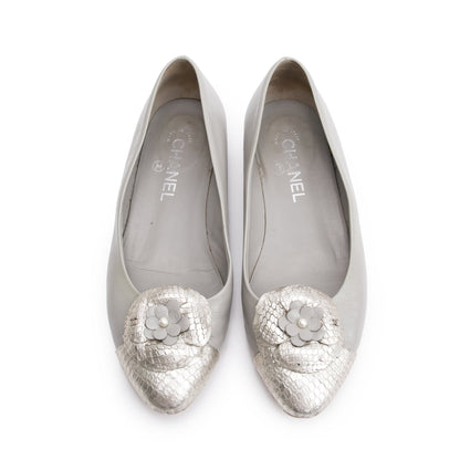 Chanel Grey Leather Silver Python Trim CC Camellia Flats, Size 38