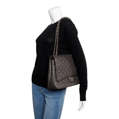 Chanel Grey Quilted Caviar Leather Classic Maxi Double Flap Bag