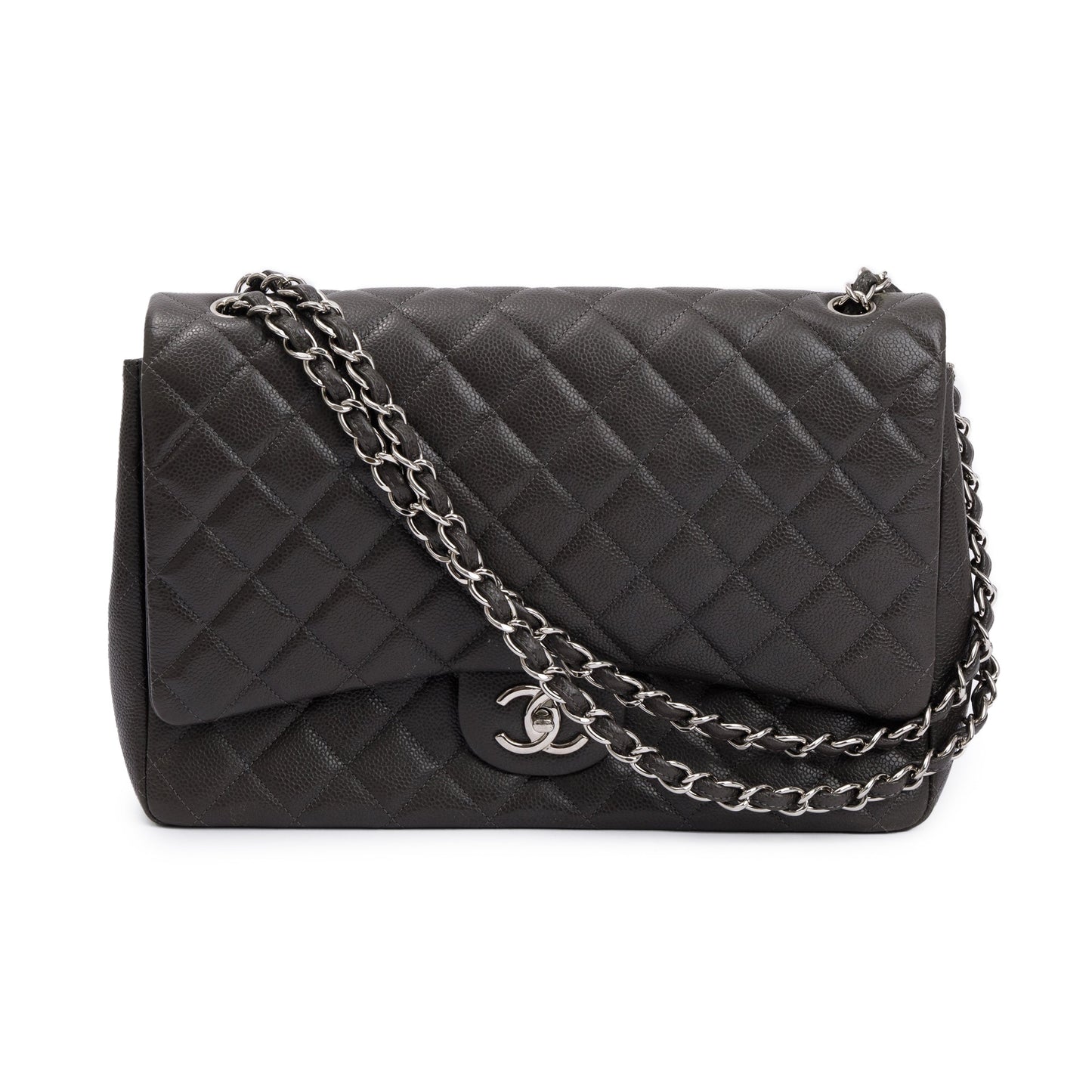 Chanel Grey Quilted Caviar Leather Classic Maxi Double Flap Bag