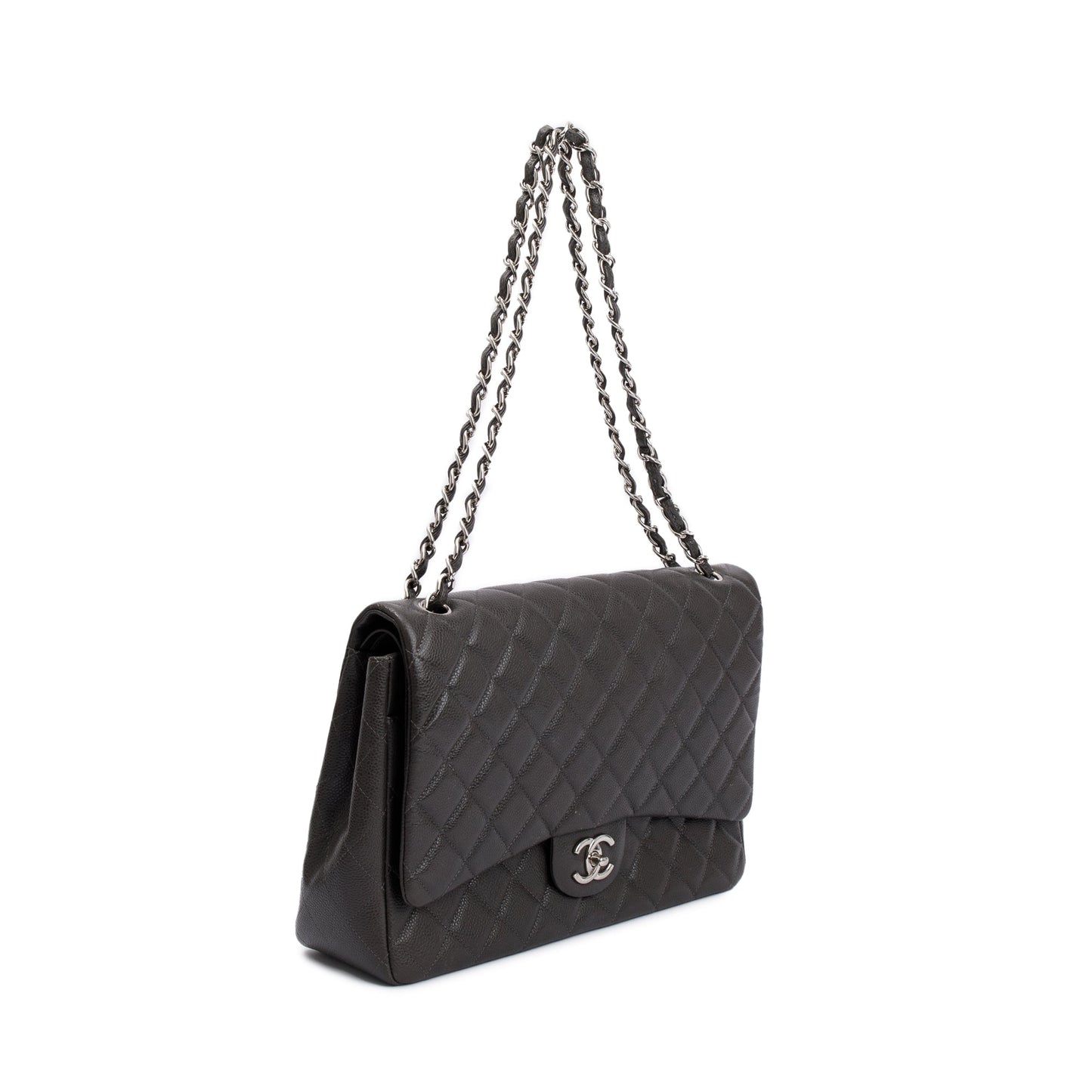 Chanel Grey Quilted Caviar Leather Classic Maxi Double Flap Bag