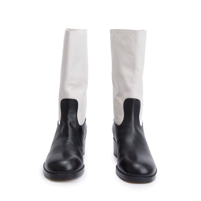 Chanel Grey/Black Leather Interlocking CC Logo Mid Calf Boots, Size 40