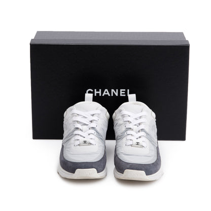 Chanel Grey/White Calfskin Nylon Suede CC Logo Sneakers, Size 37