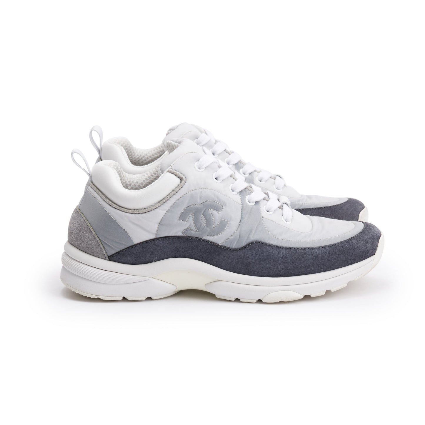 Chanel Grey/White Calfskin Nylon Suede CC Logo Sneakers, Size 37