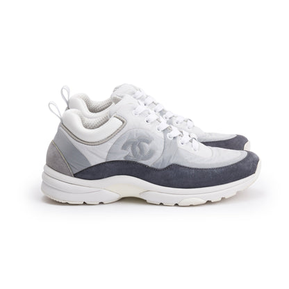 Chanel Grey/White Calfskin Nylon Suede CC Logo Sneakers, Size 37
