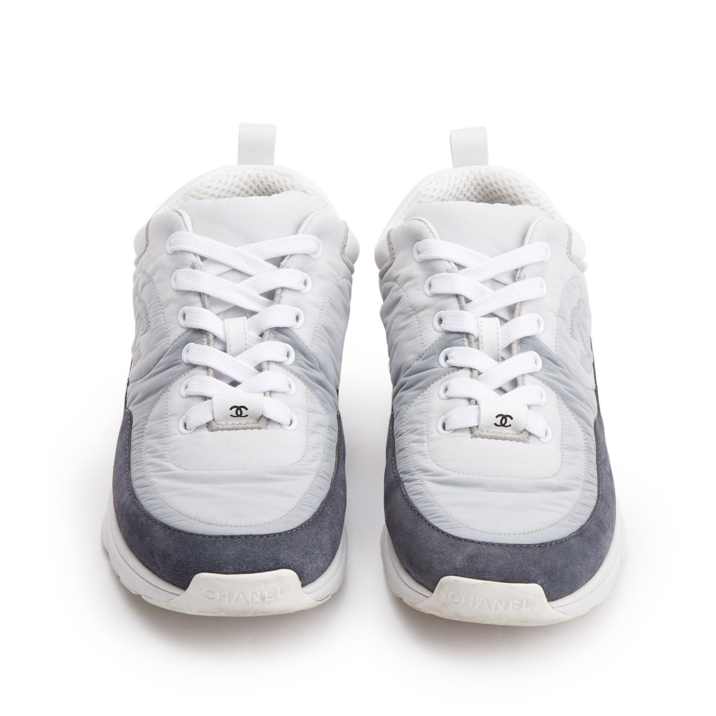 Chanel Grey/White Calfskin Nylon Suede CC Logo Sneakers, Size 37