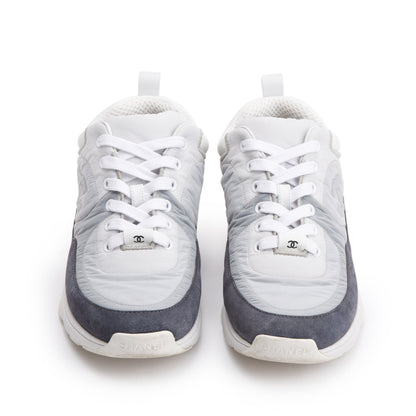 Chanel Grey/White Calfskin Nylon Suede CC Logo Sneakers, Size 37