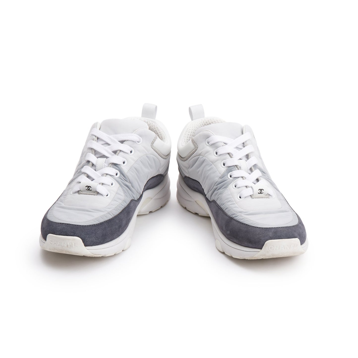Chanel Grey/White Calfskin Nylon Suede CC Logo Sneakers, Size 37