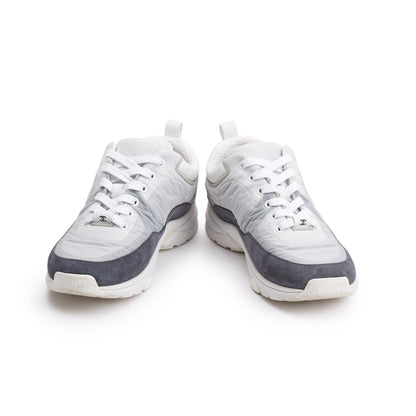Chanel Grey/White Calfskin Nylon Suede CC Logo Sneakers, Size 37