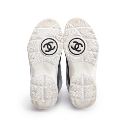 Chanel Grey/White Calfskin Nylon Suede CC Logo Sneakers, Size 37