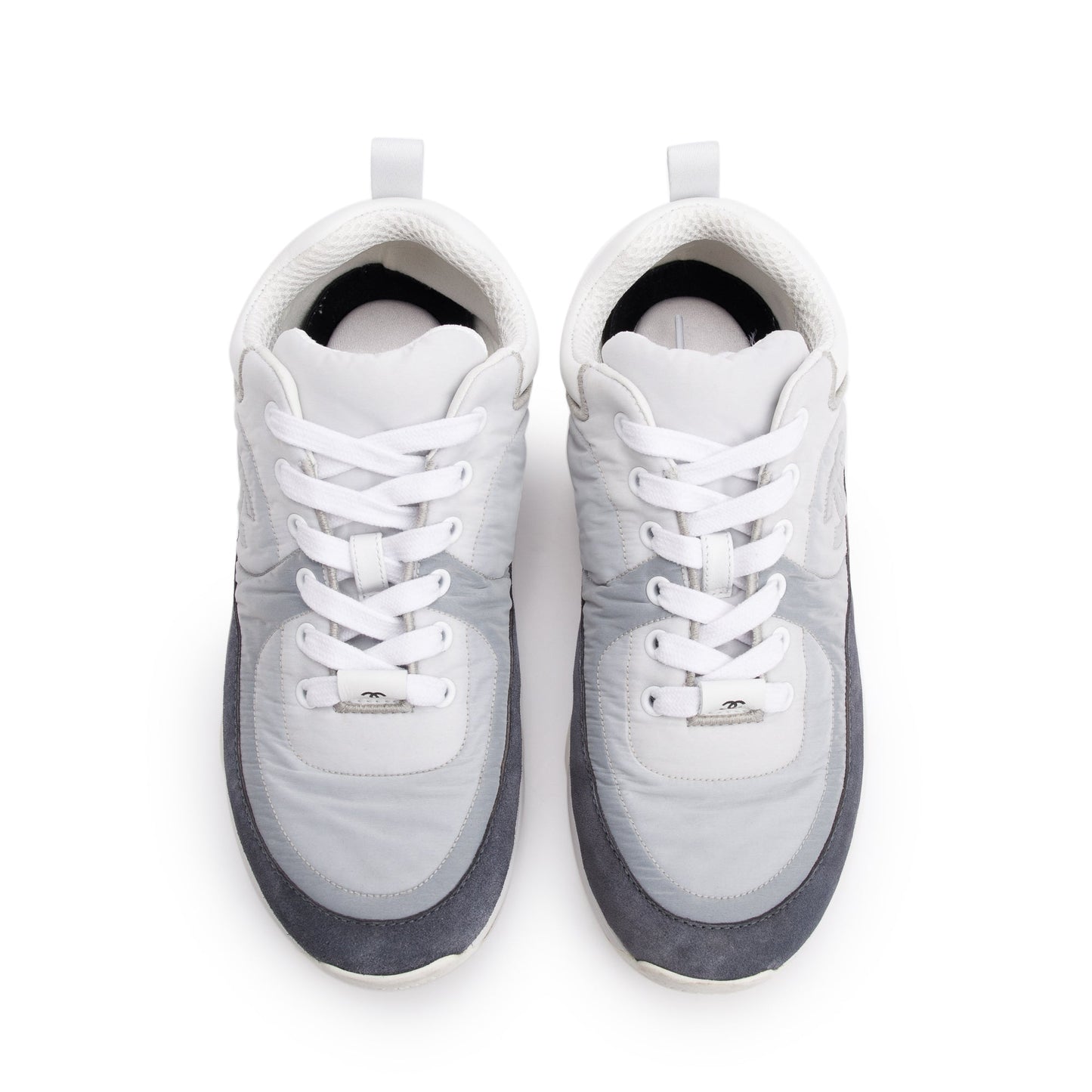 Chanel Grey/White Calfskin Nylon Suede CC Logo Sneakers, Size 37