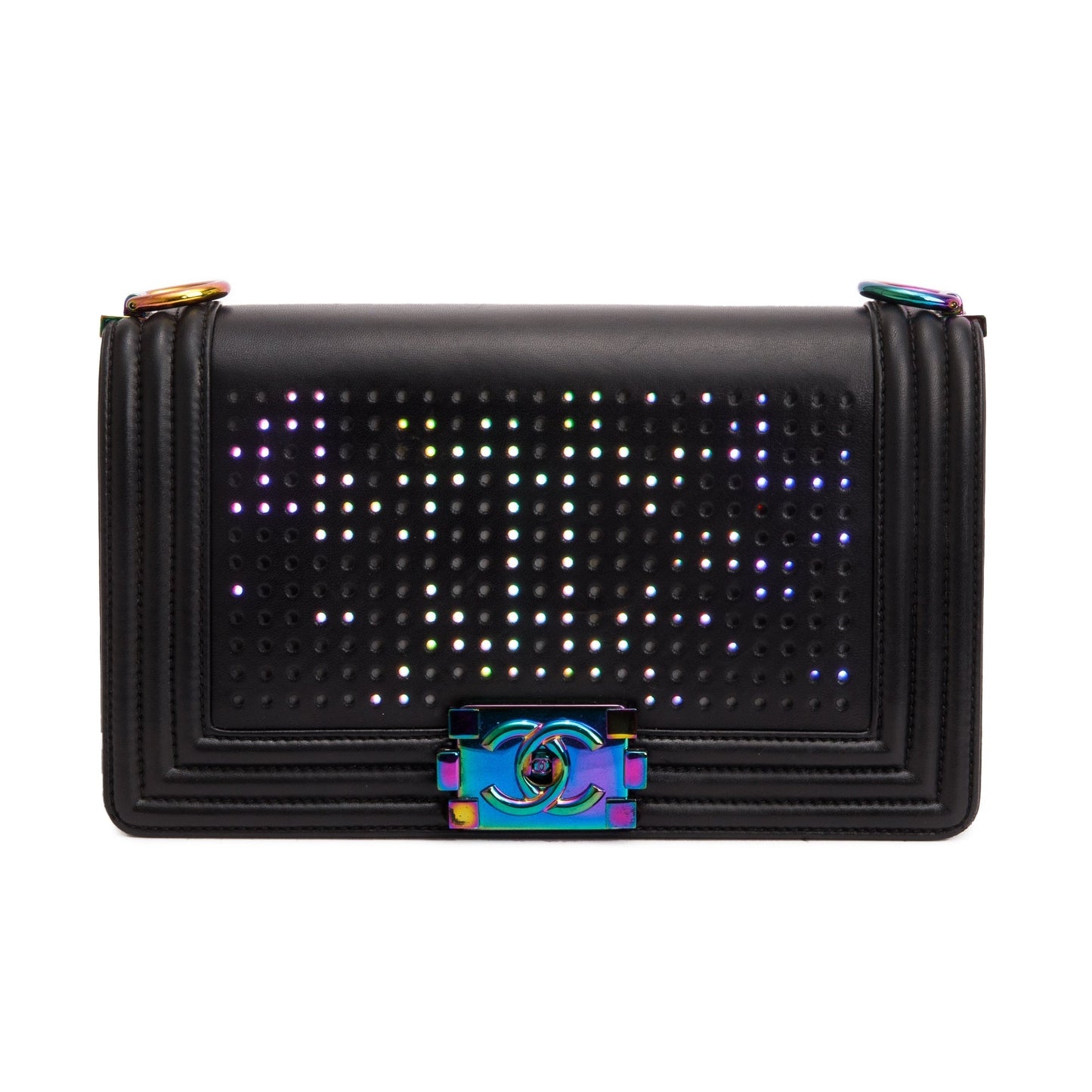 Chanel Iridescent Metal Black Lambskin Leather LED Medium Boy Bag