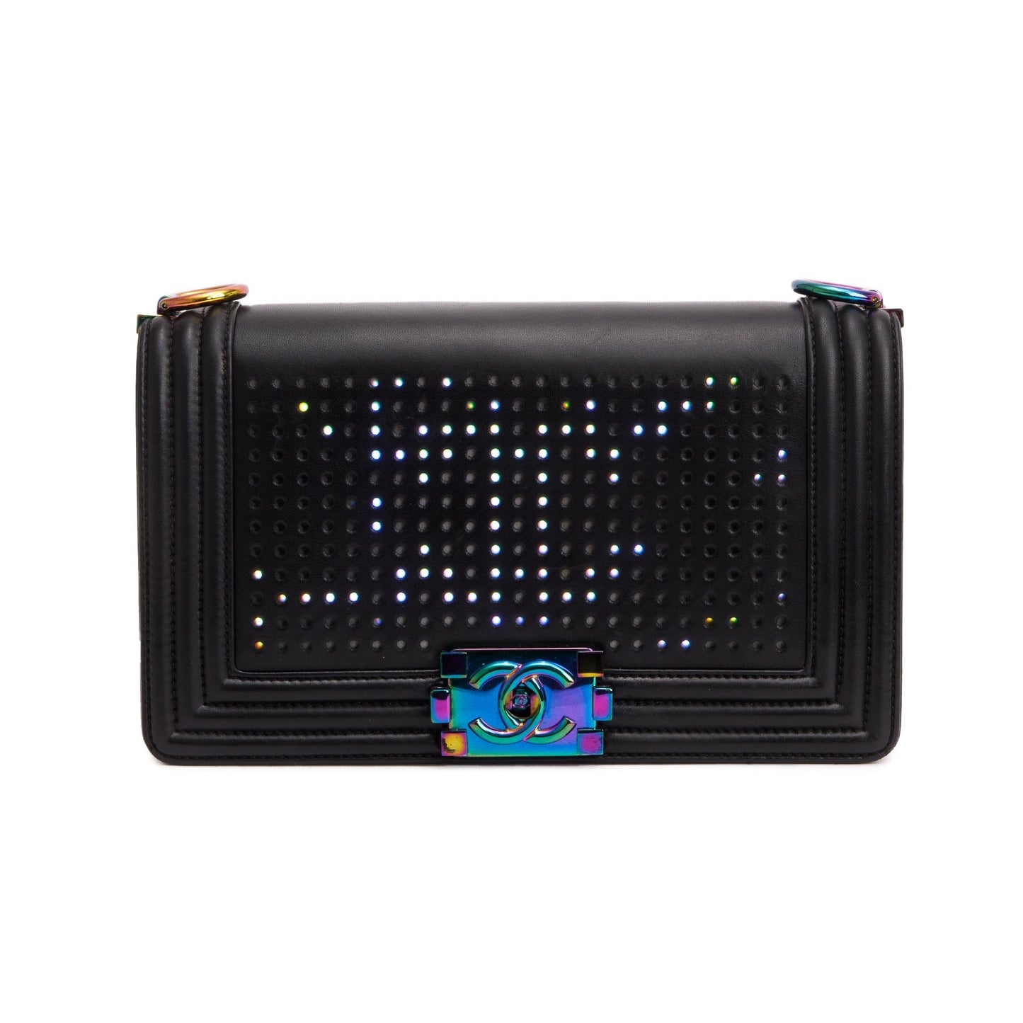 Chanel Iridescent Metal Black Lambskin Leather LED Medium Boy Bag