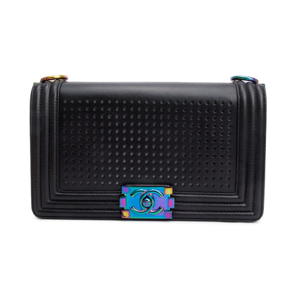 Chanel Iridescent Metal Black Lambskin Leather LED Medium Boy Bag