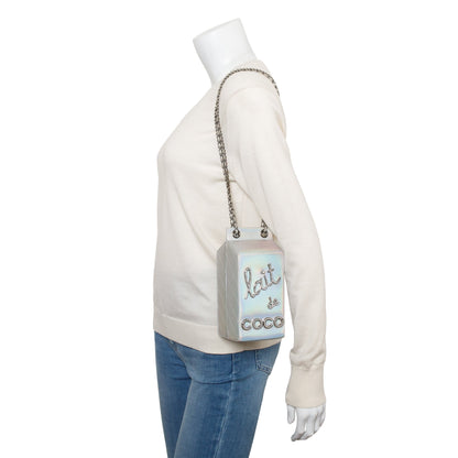 Chanel Iridescent Silver Goatskin Leather Faux Pearl & Strass Lait de Coco Milk Carton Bag