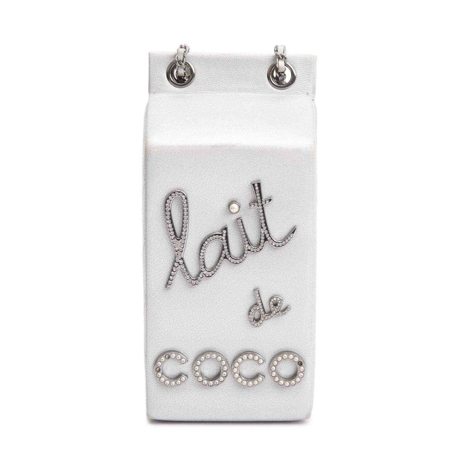 Chanel Iridescent Silver Goatskin Leather Faux Pearl & Strass Lait de Coco Milk Carton Bag